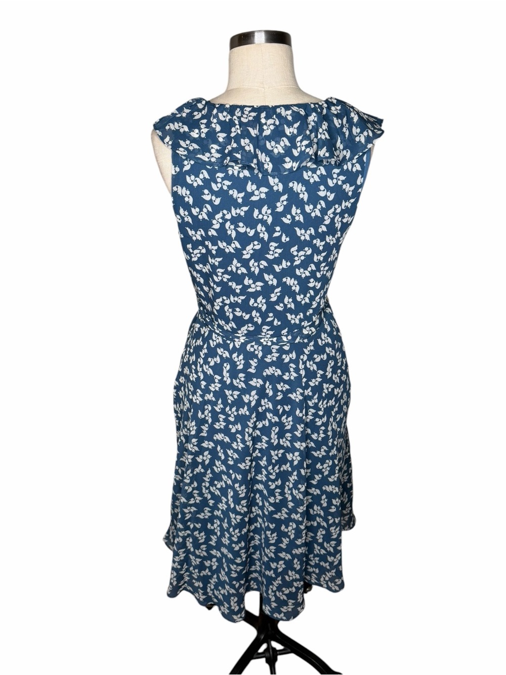 LAUREN Ralph Lauren Navy Blue Floral Ruffle Midi Dress Women's Size 6 Flutter - Picture 5 of 8